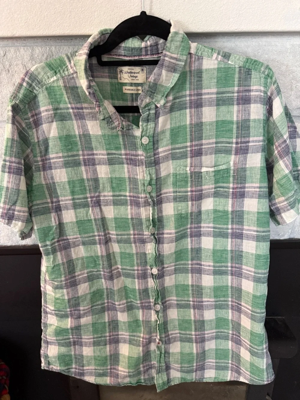 Weatherproof washable linen Plaid Short Sleeve Button-Down Shirt casual beach Lg